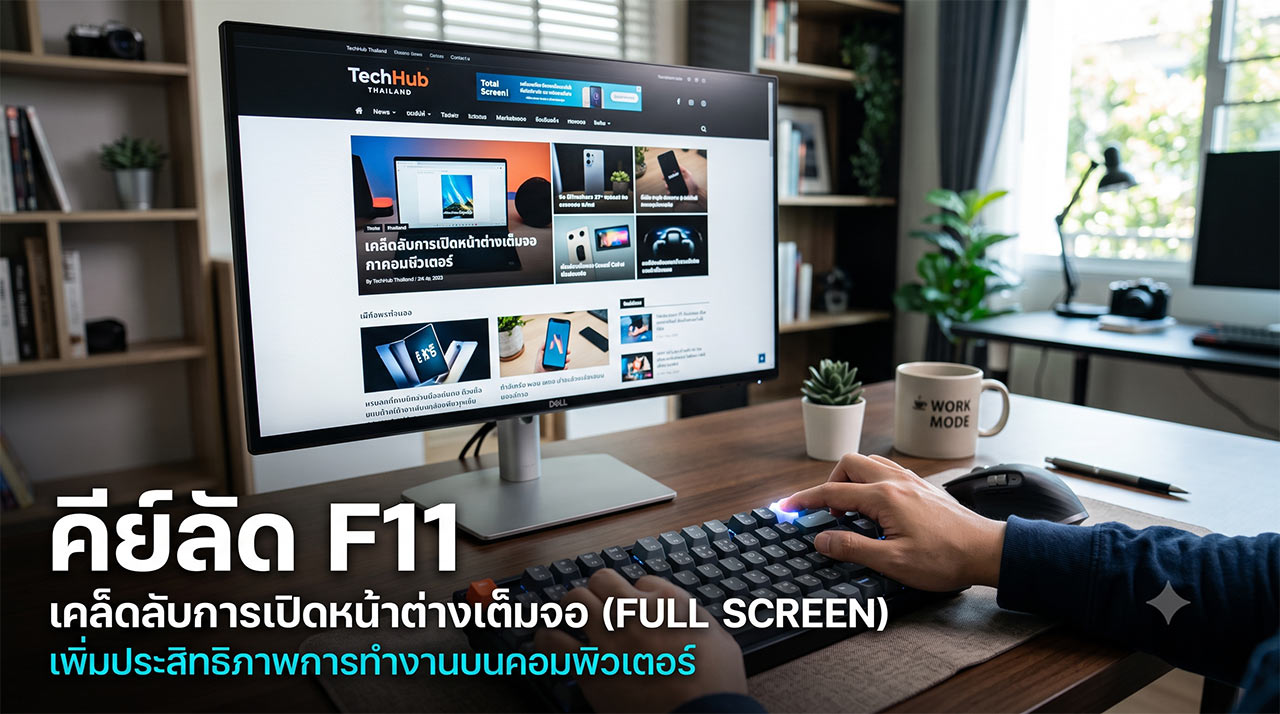 ผู้ใช้งานกำลังกดปุ่มคีย์ลัด F11 บนแป้นพิมพ์คอมพิวเตอร์ เพื่อขยายหน้าต่างเว็บเบราว์เซอร์แบบเต็มจอ (Full Screen) ช่วยเพิ่มพื้นที่และประสิทธิภาพในการทำงาน