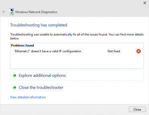 Ethernet doesn't have a valid IP configuration Not fixed