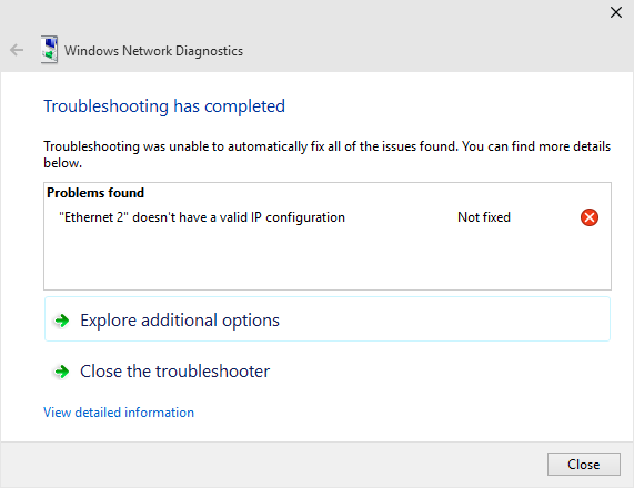 Ethernet doesn't have a valid IP configuration Not fixed