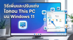 ภาพหน้าจอแสดงขั้นตอนการเพิ่มและปรับแต่งไอคอน This PC บนหน้าเดสก์ท็อป Windows 11