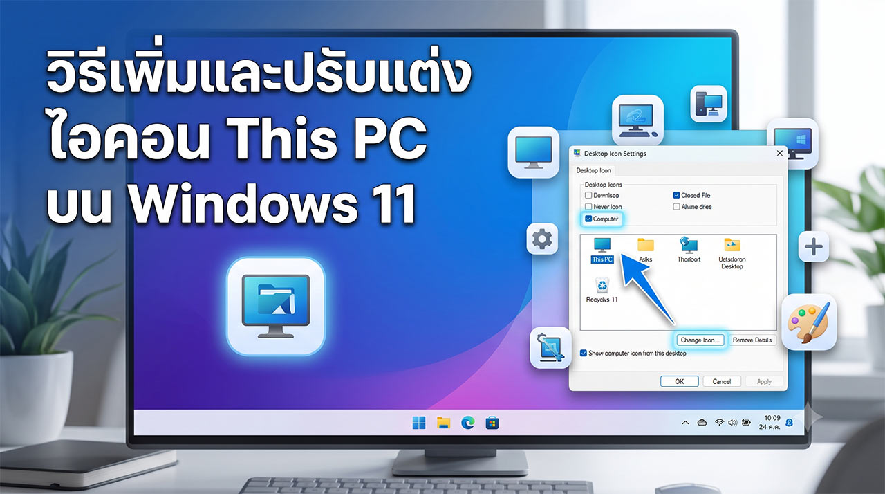 ภาพหน้าจอแสดงขั้นตอนการเพิ่มและปรับแต่งไอคอน This PC บนหน้าเดสก์ท็อป Windows 11