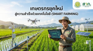 ภาพเกษตรกรชายหนุ่มยิ้มแย้มสวมหมวกถือแท็บเล็ตแสดงแดชบอร์ด IoT ในทุ่งนาข้าวสีเขียว มีโดรนบิน ระบบเซ็นเซอร์ตรวจวัดสภาพอากาศ โรงเรือนปลูกพืช แผงโซลาร์เซลล์ และภูเขาในพื้นหลัง พร้อมข้อความ “เกษตรกรยุคใหม่ สู่ความสำเร็จด้วยเทคโนโลยี (SMART FARMING)” และโลโก้ สวทช.
