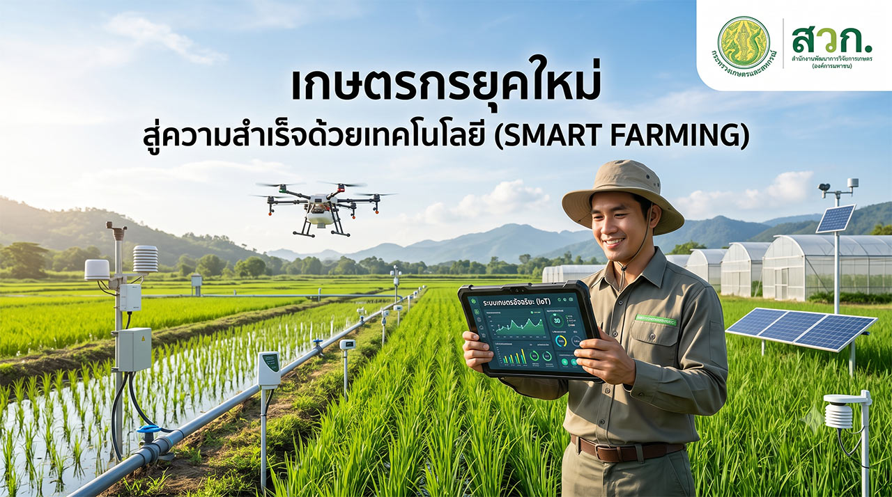 ภาพเกษตรกรชายหนุ่มยิ้มแย้มสวมหมวกถือแท็บเล็ตแสดงแดชบอร์ด IoT ในทุ่งนาข้าวสีเขียว มีโดรนบิน ระบบเซ็นเซอร์ตรวจวัดสภาพอากาศ โรงเรือนปลูกพืช แผงโซลาร์เซลล์ และภูเขาในพื้นหลัง พร้อมข้อความ “เกษตรกรยุคใหม่ สู่ความสำเร็จด้วยเทคโนโลยี (SMART FARMING)” และโลโก้ สวทช.