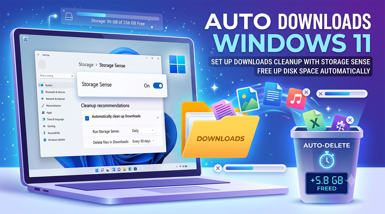 ภาพกราฟิกโน้ตบุ๊กแสดงหน้าจอตั้งค่า Storage Sense เพื่อเปิดใช้งาน Auto Delete Downloads Windows 11 พร้อมอินโฟกราฟิกจำลองการลบไฟล์จากโฟลเดอร์ดาวน์โหลดลงถังขยะอัตโนมัติเพื่อเพิ่มพื้นที่ว่างในดิสก์