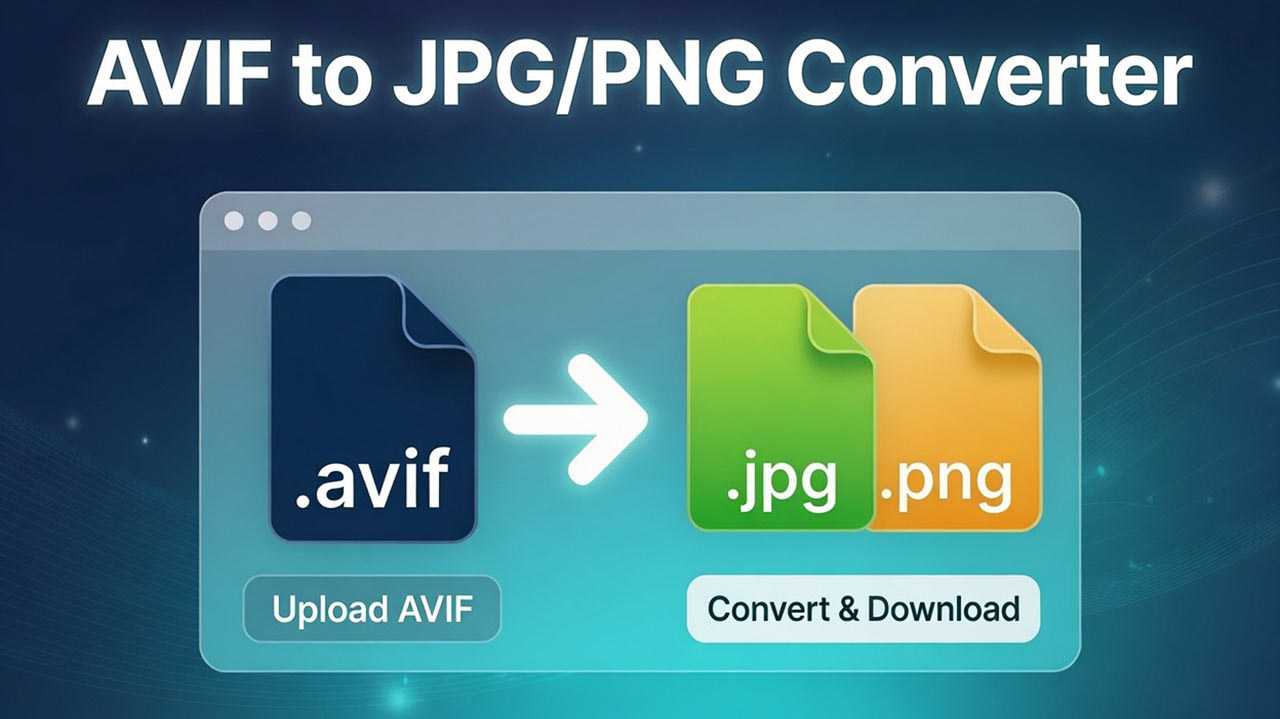 Modern web interface of AVIF to JPG and PNG image converter tool showing file icons, glowing conversion arrow, upload and download buttons on blue gradient background