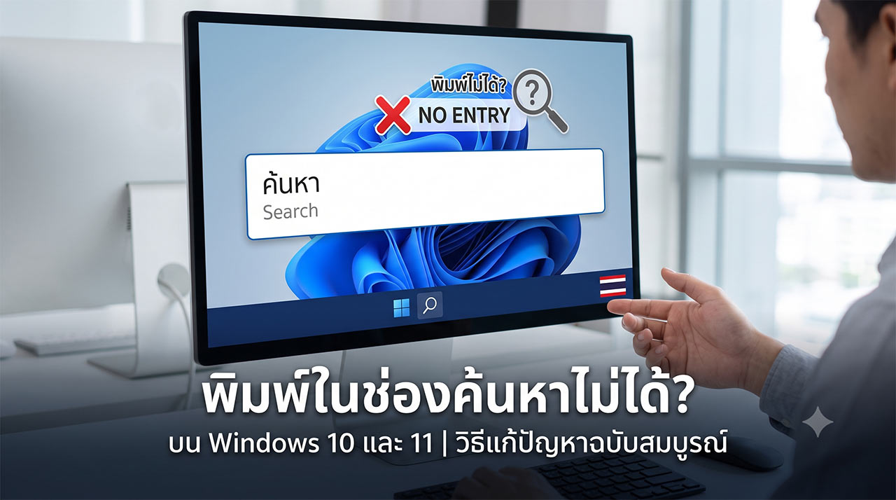 ภาพหน้าจอคอมพิวเตอร์แสดงกราฟิกปัญหาพิมพ์ข้อความในช่องค้นหา (Search Box) บน Taskbar ของ Windows 10 และ Windows 11 ไม่ได้ พร้อมข้อความแนะนำวิธีแก้ไขปัญหาฉบับสมบูรณ์