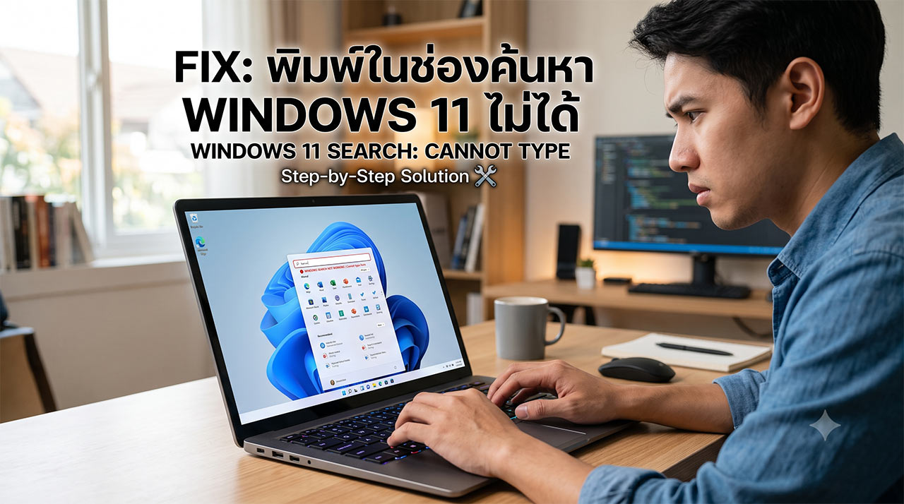 ภาพประกอบบทความแสดงชายหนุ่มกำลังประสบปัญหาการพิมพ์ในช่องค้นหา Windows 11 ด้านบนมีข้อความพาดหัวภาษาไทย "FIX: พิมพ์ในช่องค้นหา WINDOWS 11 ไม่ได้" และภาษาอังกฤษ "WINDOWS 11 SEARCH: CANNOT TYPE" พร้อมไอคอนเครื่องมือ หน้าจอแล็ปท็อปแสดงโลโก้ Windows 11 และเมนูค้นหาแต่ไม่สามารถพิมพ์ได้