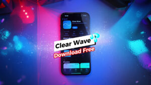 ภาพโปรโมทแอป Clear Wave วัดระดับเสียงเดซิเบลบน iPhone หน้าจอ App Store สีสันสดใสด้วยแสงนีออนน้ำเงิน-ชมพู มีไอคอนหยดน้ำสีฟ้าและแบนเนอร์ Download Free ขนาดใหญ่