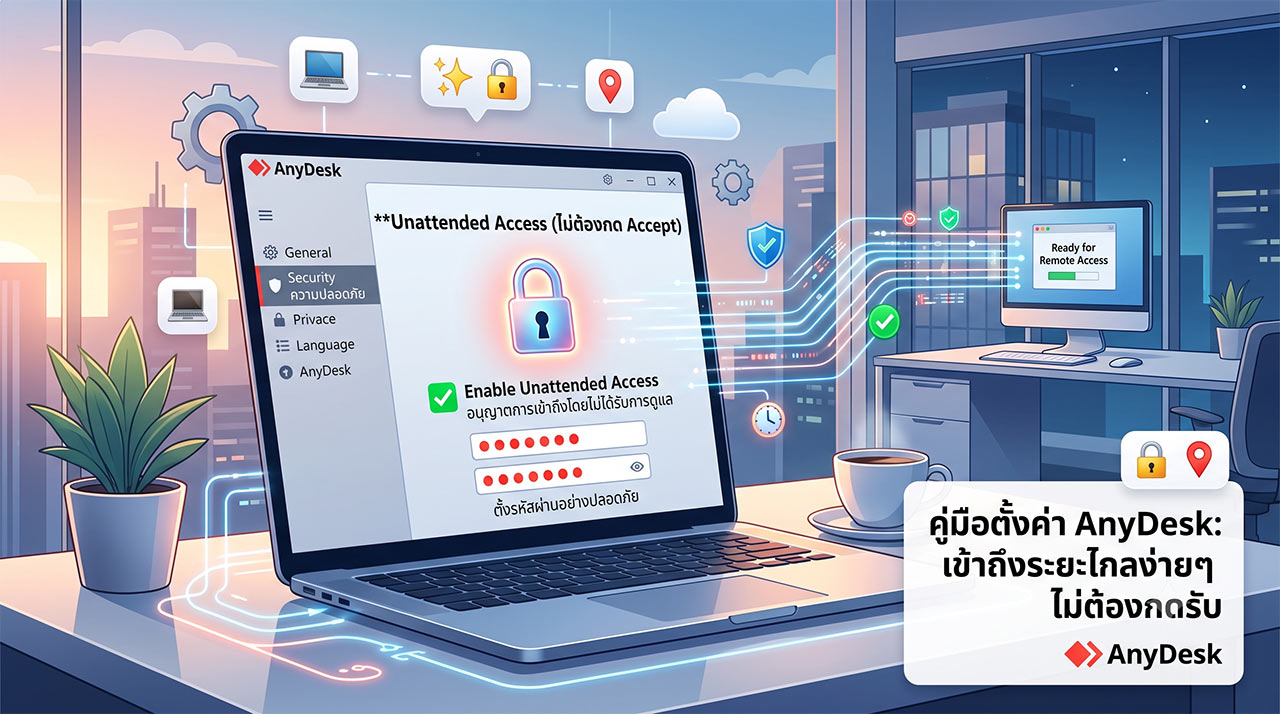 ภาพกราฟิกแสดงหน้าจอแล็ปท็อปที่เปิดโปรแกรม AnyDesk อธิบายขั้นตอนการตั้งค่า AnyDesk ไม่ต้องกด Accept (Unattended Access) พร้อมสัญลักษณ์ระบบความปลอดภัย สำหรับการรีโมทคอมพิวเตอร์ระยะไกล
