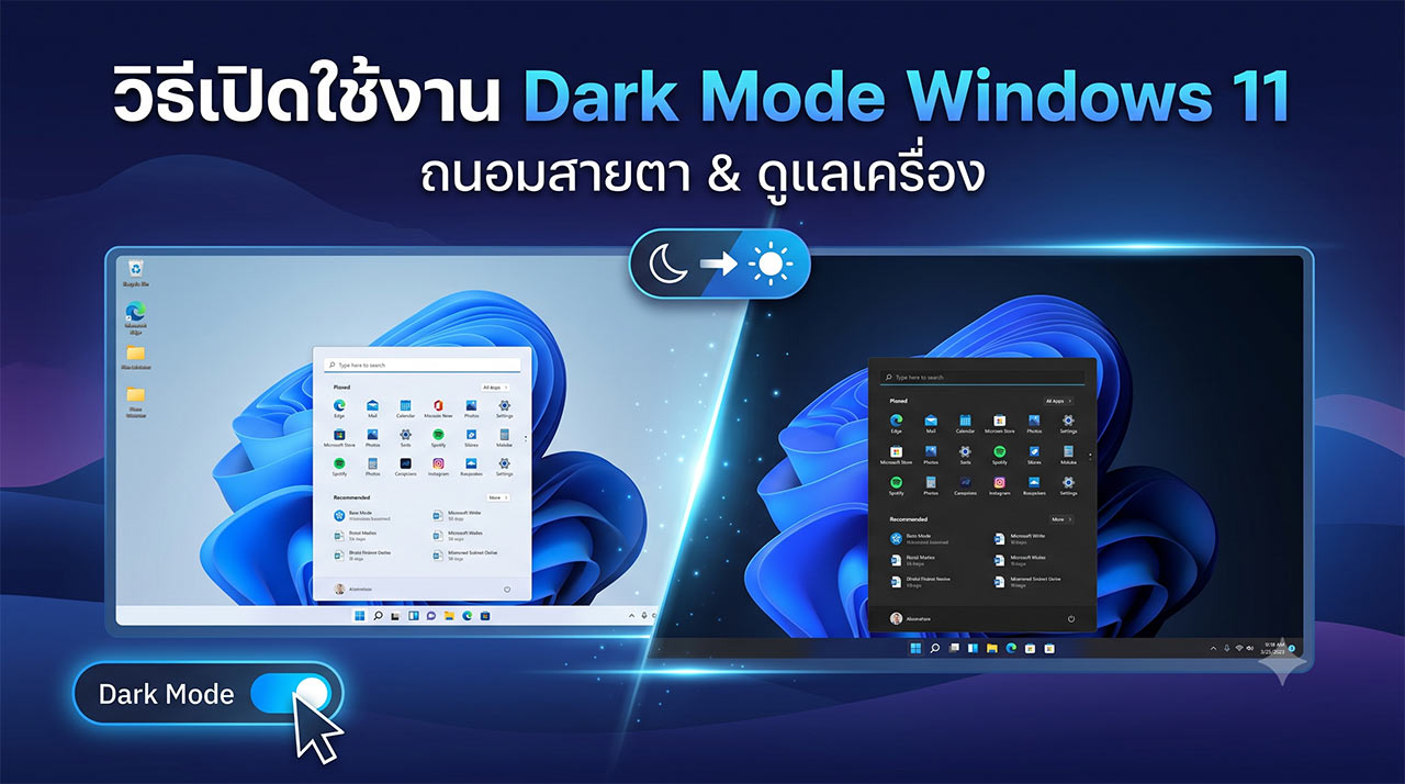 ภาพกราฟิกเปรียบเทียบหน้าจอคอมพิวเตอร์ระหว่างโหมดสว่าง (Light Mode) และโหมดมืด (Dark Mode) บนระบบปฏิบัติการ Windows 11 พร้อมปุ่มเปิดใช้งานโหมดมืดเพื่อช่วยถนอมสายตาและประหยัดแบตเตอรี่