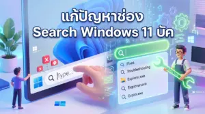 ภาพประกอบ 3D สไตล์การ์ตูนแสดงตัวละครกำลังซ่อมแซมช่องค้นหาของ Windows 11 ที่ขัดข้อง โดยมีข้อความภาษาไทยขนาดใหญ่ด้านบนว่า "แก้ปัญหาช่อง Search Windows 11 บัค" ทางซ้ายมีผู้ชายตัวเล็กชี้ไปที่ช่องค้นหาที่มีสัญลักษณ์ข้อผิดพลาดกากบาทสีแดงและเครื่องหมายตกใจ ทางขวามีผู้ชายถือกุญแจเลื่อนเรืองแสงเขียนว่า "Data tool" ยืนอยู่หน้ารายการผลการค้นหาที่มีคำว่า "Fixes" และ "Troubleshooting" ภูมิหลังเป็นหน้าจอคอมพิวเตอร์พร้อมวอลเปเปอร์ Windows 11 และเฟืองเรืองแสง