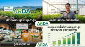 ภาพคอลลาจส่งเสริม ARDA แบ่งเป็น 4 ส่วน ด้านบนซ้ายคือไร่พืชเขียวขจีบนภูเขาพร้อมป้าย ARDA ข้อความ “สร้างพื้นที่ปลูกพืชมูลค่าสูง” ด้านบนขวาคือชายเกษตรกรยิ้มแย้มในโรงเรือนกระจก ถือแท็บเล็ต ข้อความ “โอกาสใหม่ของเกษตรกรไทย” ด้านล่างซ้ายแสดงผลิตภัณฑ์ ARDA วางขายในซูเปอร์มาร์เก็ต ด้านล่างขวาคือกราฟแท่งแสดงรายได้เติบโตอย่างต่อเนื่องจากปี 2021–2026 สูงสุด 1,337,906