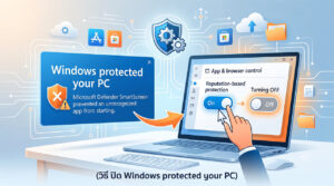 ภาพกราฟิกจำลองหน้าจอคอมพิวเตอร์ แสดงขั้นตอนวิธี ปิด Windows protected your PC และการตั้งค่าปิดระบบ Microsoft Defender SmartScreen ในเมนู App & browser control เพื่อแก้ปัญหาเปิดโปรแกรมไม่ได้บน Windows 10 และ 11
