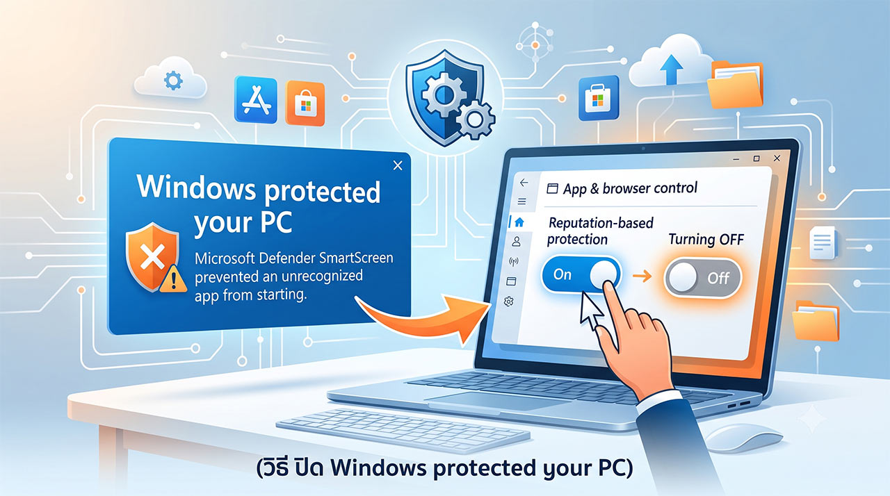 ภาพกราฟิกจำลองหน้าจอคอมพิวเตอร์ แสดงขั้นตอนวิธี ปิด Windows protected your PC และการตั้งค่าปิดระบบ Microsoft Defender SmartScreen ในเมนู App & browser control เพื่อแก้ปัญหาเปิดโปรแกรมไม่ได้บน Windows 10 และ 11