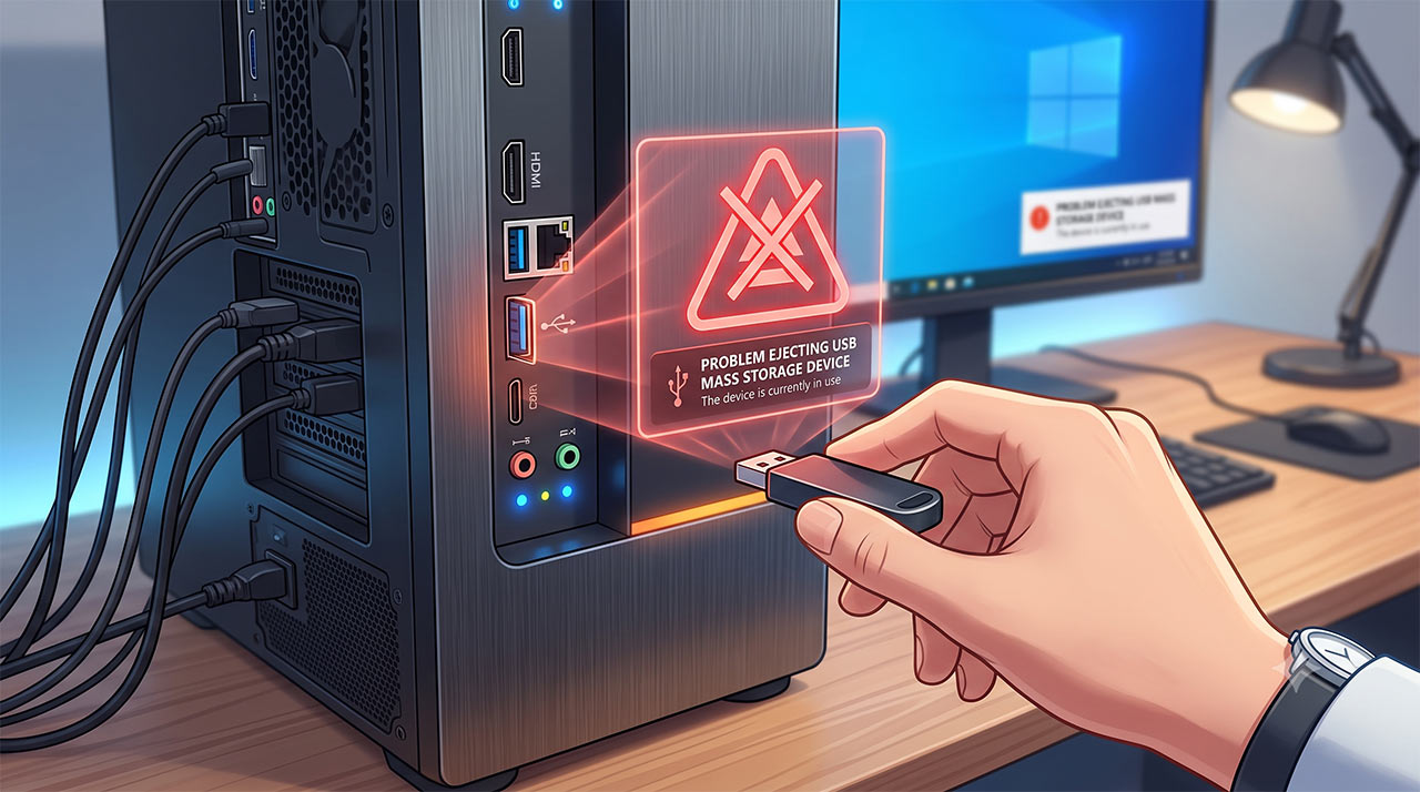 ภาพกราฟิกจำลองการแจ้งเตือนข้อผิดพลาด Problem Ejecting USB Mass Storage Device บนหน้าจอ พร้อมสัญลักษณ์เตือนสีแดง ขณะผู้ใช้งานกำลังดึง Flash Drive ออกจากเคสคอมพิวเตอร์ ภาพประกอบบทความเทคนิคการแก้ไขปัญหาและซ่อมคอมออนไลน์เบื้องต้น