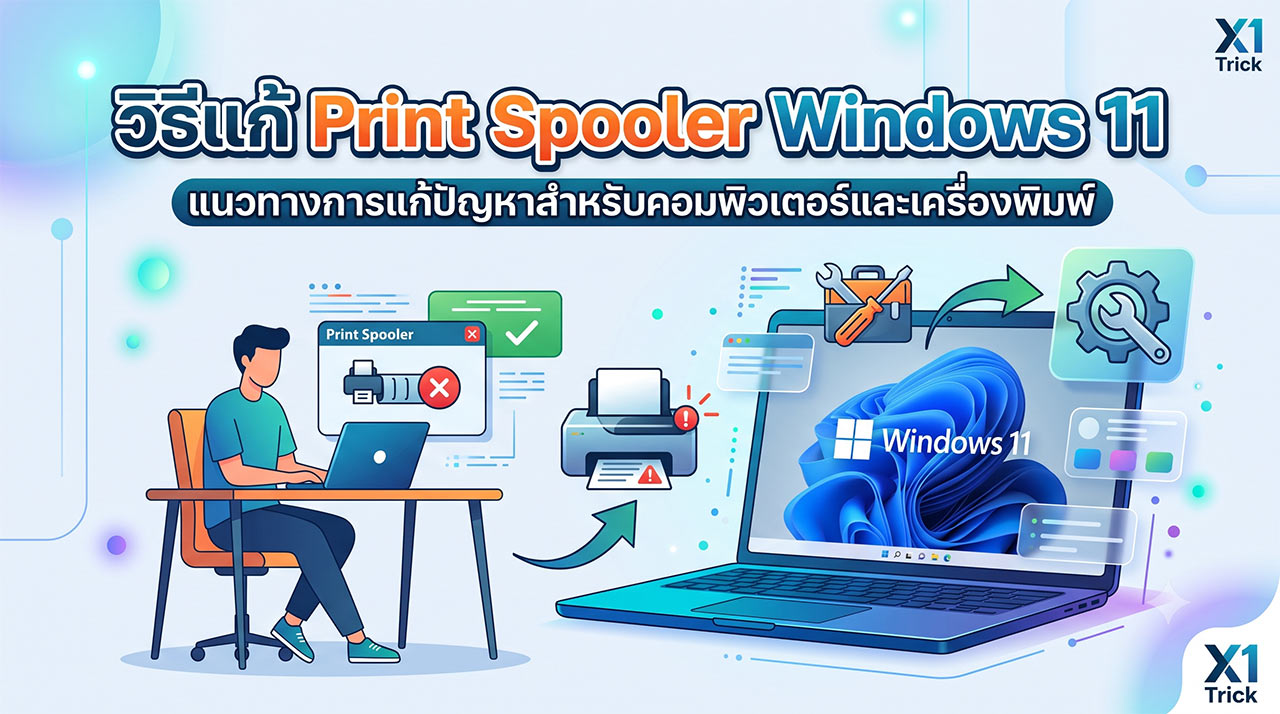 ภาพกราฟิกประกอบบทความวิธีแก้ Print Spooler Windows 11 แสดงผู้ใช้งานกำลังแก้ไขปัญหาเครื่องปริ้นเตอร์ค้างและตั้งค่าระบบจัดการคิวการพิมพ์บนแล็ปท็อป
