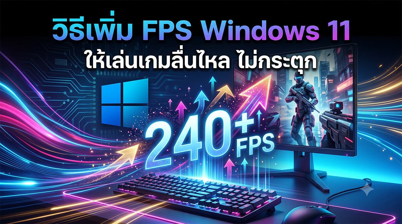 ภาพปกบทความสอนวิธีเพิ่ม FPS ใน Windows 11 แสดงระบบคอมพิวเตอร์ตั้งโต๊ะที่มีหน้าจอแสดงตัวละครเกมยิงปืนแบบ 3D มีคีย์บอร์ดและเมาส์มีแสงไฟนีออนพาสเทล บนหน้าจอมีข้อความภาษาไทย "วิธีเพิ่ม FPS Windows 11 ให้เล่นเกมลื่นไหล ไม่กระตุก" และมีตัวเลข "240+ FPS" ขนาดใหญ่พร้อมเอฟเฟกต์แสงพลังงานพุ่งขึ้นด้านบน มีโลโก้ Windows 11 และลวดลายวงจรไฟฟ้าสีนีออน