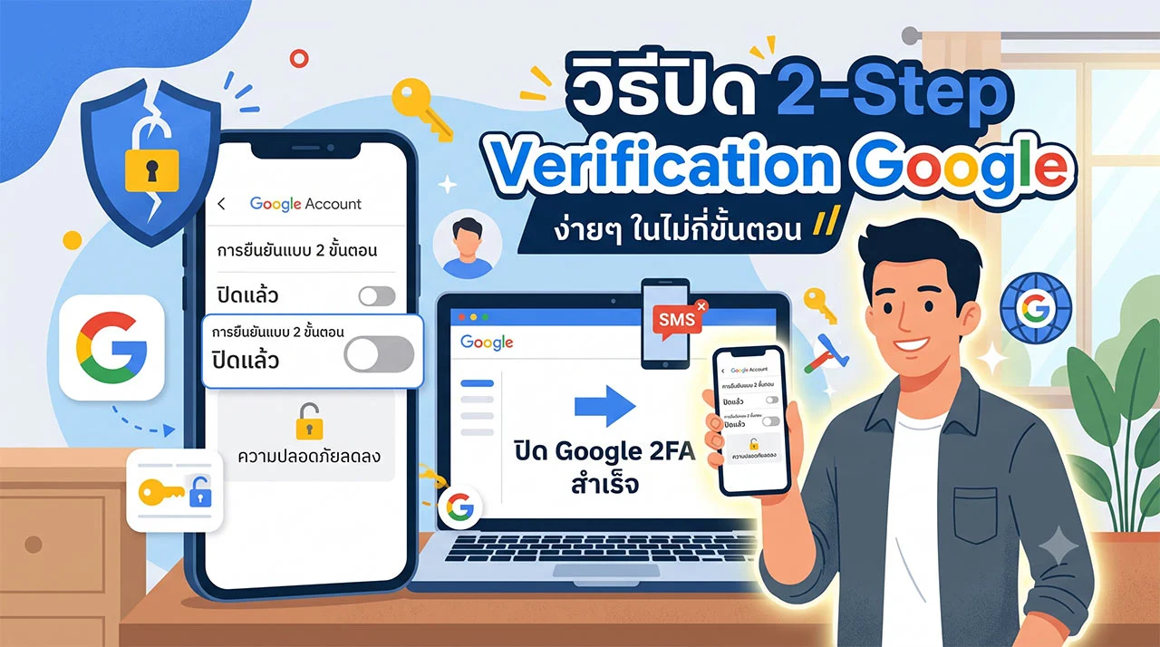 ภาพกราฟิกอธิบายวิธีปิด 2-Step Verification บนบัญชี Google แนะนำขั้นตอนการยกเลิกการยืนยันตัวตน 2 ขั้นตอน พร้อมภาพประกอบการตั้งค่าผ่านสมาร์ทโฟนและคอมพิวเตอร์