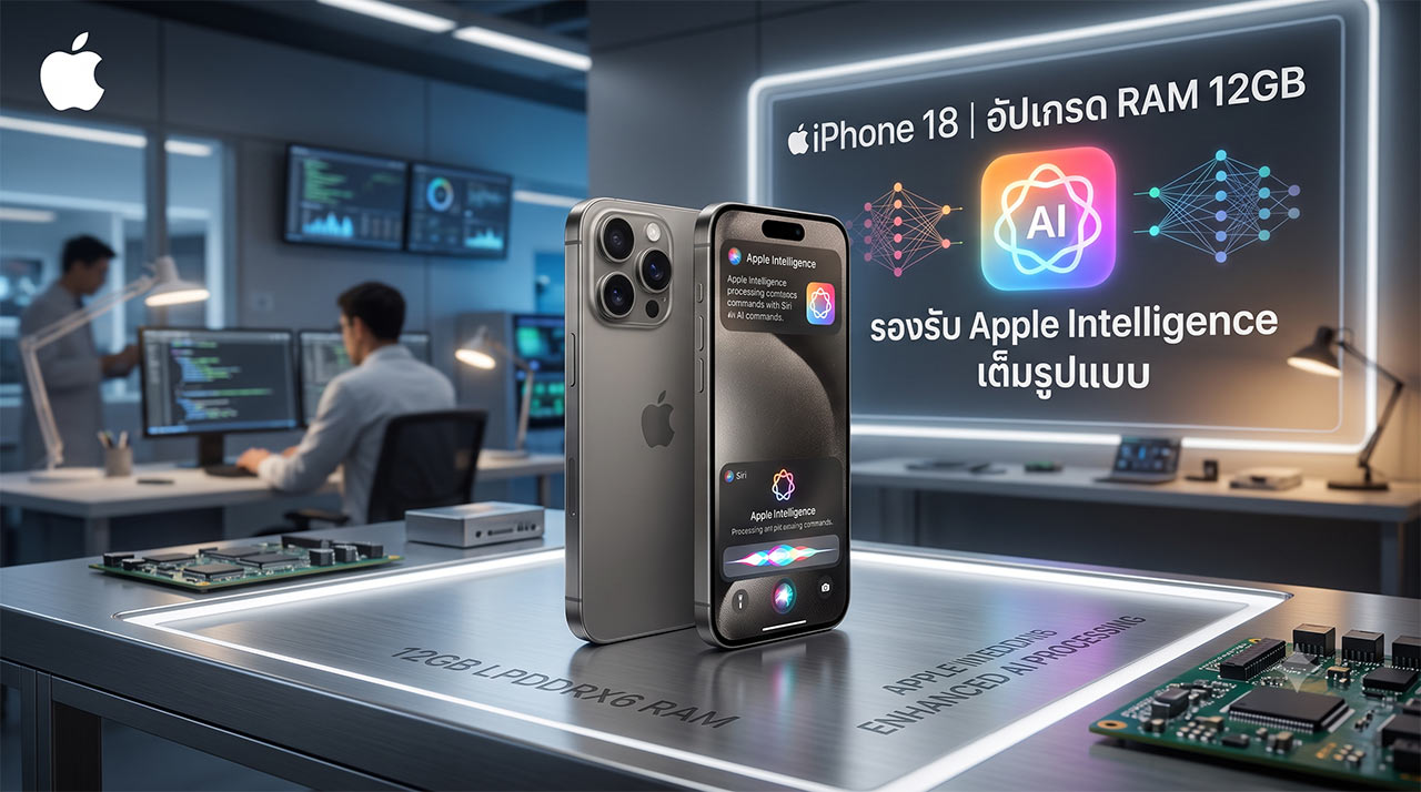 ภาพเรนเดอร์จำลองสมาร์ทโฟน iPhone 18 โชว์ข้อมูลหลุดสเปกอัปเกรด RAM 12GB เพื่อรองรับการทำงานของระบบ Apple Intelligence แบบเต็มรูปแบบ