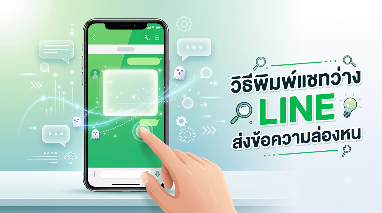 ภาพประกอบดิจิทัลแสดงมือกำลังชี้ไปที่หน้าจอสมาร์ทโฟน ซึ่งเปิดแอป LINE แชทที่มีบอลลูนข้อความว่างเปล่าขนาดใหญ่ที่เปล่งประกายและผีตัวเล็กๆ ลอยอยู่ เพื่อสื่อถึงการล่องหน ด้านขวาเป็นข้อความภาษาไทยขนาดใหญ่: 'วิธีพิมพ์แชทว่าง LINE ส่งข้อความล่องหน' พร้อมไอคอนแว่นขยาย หลอดไฟ และเกียร์ บนพื้นหลังกราฟิกสีเขียวที่สะอาดตา