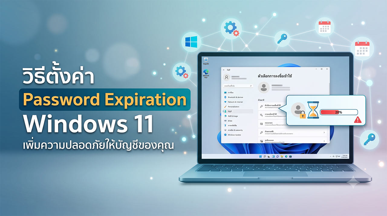 ภาพกราฟิกจำลองหน้าจอคอมพิวเตอร์ แสดงเมนูและวิธีการตั้งค่า Password Expiration Windows 11 พร้อมสัญลักษณ์ระบบรักษาความปลอดภัยบัญชีผู้ใช้