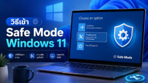 ภาพกราฟิกแนะนำวิธีเข้า Safe Mode Windows 11 แสดงหน้าจอแล็ปท็อปในหน้าต่าง Choose an option ที่กำลังเลือกเมนู Troubleshoot พร้อมข้อความประกอบระบุประโยชน์การใช้งาน ได้แก่ แก้ไขปัญหาระบบ, ระบบเสียบูตไม่เข้า และปลอดภัยมั่นใจ