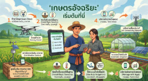 อินโฟกราฟิกแสดง 4 ขั้นตอนง่ายๆ ในการเริ่มทำเกษตรอินทรีย์อัจฉริยะ ได้แก่ 1. ศึกษาข้อมูล 2. ติดตั้งเซ็นเซอร์พื้นฐาน 3. ใช้ระบบน้ำอัตโนมัติ 4. บริหารจัดการด้วยแอปพลิเคชัน มีภาพคู่เกษตรกรถือแท็บเล็ต โดรน สถานีตรวจวัดดิน-อากาศ และโรงเรือนเพาะปลูก