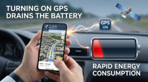 ภาพประกอบแนวคิดแสดงผลกระทบของการเปิด GPS ในสมาร์ทโฟนขณะนำทาง มีการวางทับกราฟิก 'GPS ON' เชื่อมต่อไปยังมิเตอร์แบตเตอรี่สีแดงที่ลดลง พร้อมข้อความภาษาอังกฤษ 'TURNING ON GPS DRAINS THE BATTERY' และ 'RAPID ENERGY CONSUMPTION' อธิบายกระบวนการสูญเสียพลังงาน.