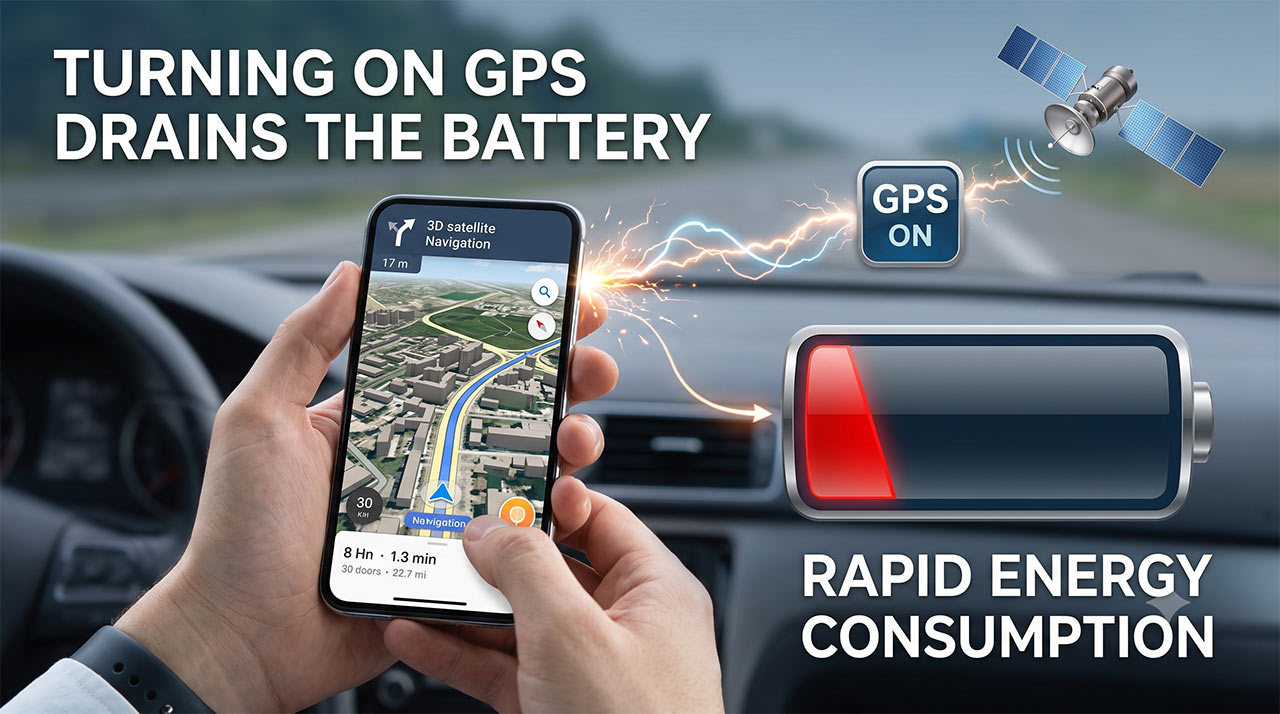 ภาพประกอบแนวคิดแสดงผลกระทบของการเปิด GPS ในสมาร์ทโฟนขณะนำทาง มีการวางทับกราฟิก 'GPS ON' เชื่อมต่อไปยังมิเตอร์แบตเตอรี่สีแดงที่ลดลง พร้อมข้อความภาษาอังกฤษ 'TURNING ON GPS DRAINS THE BATTERY' และ 'RAPID ENERGY CONSUMPTION' อธิบายกระบวนการสูญเสียพลังงาน.