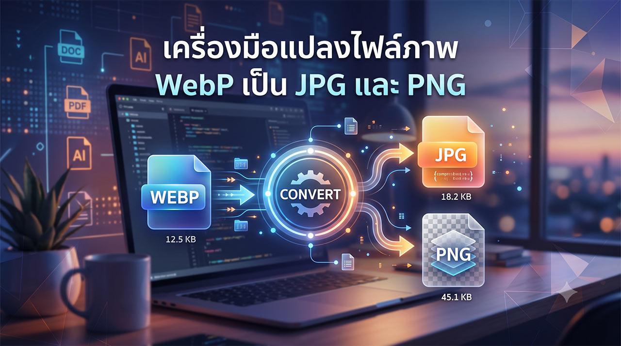 เครื่องมือแปลงไฟล์ภาพ WebP เป็น JPG และ PNG แสดงขั้นตอนการแปลงไฟล์บนหน้าจอโน้ตบุ๊ก