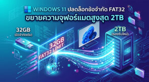 ภาพประกอบดิจิทัลแสดงการอัปเดต Windows 11 ที่ปลดล็อกข้อจำกัดระบบไฟล์ FAT32 จากเดิม 32GB ไปเป็น 2TB แสดงผ่านกระแสข้อมูลไหลจากแฟลชไดรฟ์ขนาดเล็กไปยังเซิร์ฟเวอร์ขนาดใหญ่ พร้อมข้อความภาษาไทยระบุการเปลี่ยนแปลง