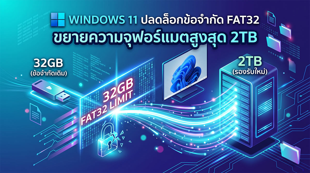 ภาพประกอบดิจิทัลแสดงการอัปเดต Windows 11 ที่ปลดล็อกข้อจำกัดระบบไฟล์ FAT32 จากเดิม 32GB ไปเป็น 2TB แสดงผ่านกระแสข้อมูลไหลจากแฟลชไดรฟ์ขนาดเล็กไปยังเซิร์ฟเวอร์ขนาดใหญ่ พร้อมข้อความภาษาไทยระบุการเปลี่ยนแปลง
