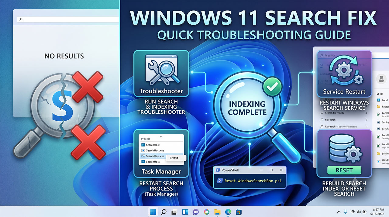 ภาพหน้าปกบทความรวมวิธีแก้ไขปัญหาช่องค้นหาใน Windows 11 (Search) ไม่ทำงาน พร้อมสรุปขั้นตอนการตั้งค่าและรีเซ็ตระบบเบื้องต้น