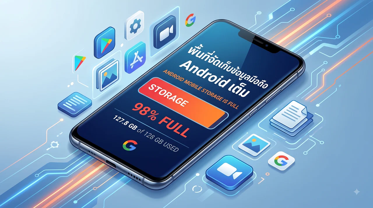 ภาพแนวคิด 3D isometric แสดงสมาร์ทโฟน Android บนพื้นหลังดิจิทัล หน้าจอแจ้งคำเตือน " พื้นที่จัดเก็บข้อมูลมือถือ Android เต็ม " แถบ STORAGE 98% มีข้อมูลการใช้งาน 127.8 GB ล้อมรอบด้วยไอคอนแอปพลิเคชันและไฟล์ที่ลอยอยู่มากมาย เช่น รูปภาพ, วิดีโอ