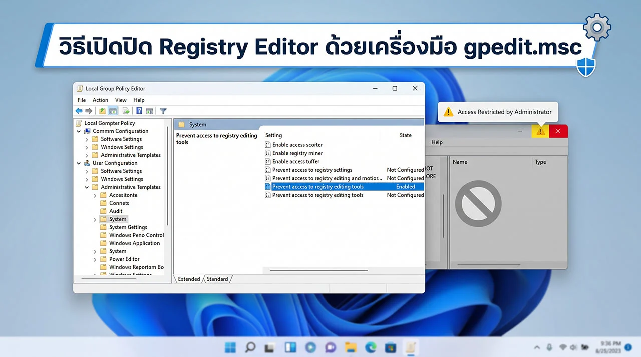 ภาพประกอบขั้นตอนการตั้งค่าระบบเพื่อการเปิดปิด Registry Editor อย่างปลอดภัยด้วยโปรแกรมจัดการนโยบายของผู้ใช้งานบนคอมพิวเตอร์ส่วนบุคคลตามมาตรฐานสากลยุคใหม่