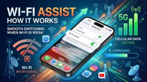 ภาพนี้สำหรับปัญหา แก้แบต iPhone หมดเร็ว แสดงให้เห็นคุณสมบัติ Wi-Fi Assist บนหน้าจอ iPhone โดยสาธิตวิธีการที่อุปกรณ์สลับจากสัญญาณ Wi-Fi ที่อ่อนไปยังเครือข่าย 5G ที่แรงโดยอัตโนมัติ พื้นหลังประกอบด้วยกราฟิกเทคโนโลยีสีสันสดใส รวมถึงลูกศรเรืองแสง เสาเชื่อมต่อ และไอคอนแอป ซึ่งเน้นการเชื่อมต่อข้อมูลมือถือที่ราบรื่นและการเพิ่มประสิทธิภาพแบตเตอรี่