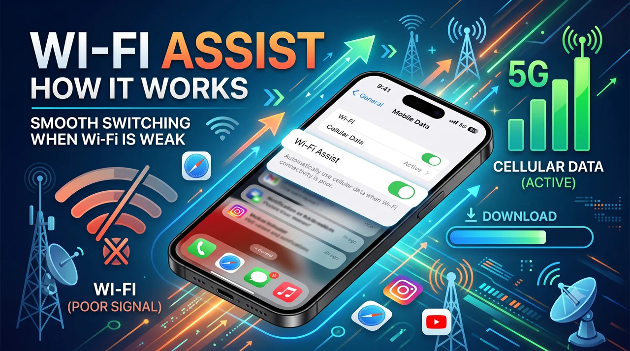 ภาพนี้สำหรับปัญหา แก้แบต iPhone หมดเร็ว แสดงให้เห็นคุณสมบัติ Wi-Fi Assist บนหน้าจอ iPhone โดยสาธิตวิธีการที่อุปกรณ์สลับจากสัญญาณ Wi-Fi ที่อ่อนไปยังเครือข่าย 5G ที่แรงโดยอัตโนมัติ พื้นหลังประกอบด้วยกราฟิกเทคโนโลยีสีสันสดใส รวมถึงลูกศรเรืองแสง เสาเชื่อมต่อ และไอคอนแอป ซึ่งเน้นการเชื่อมต่อข้อมูลมือถือที่ราบรื่นและการเพิ่มประสิทธิภาพแบตเตอรี่