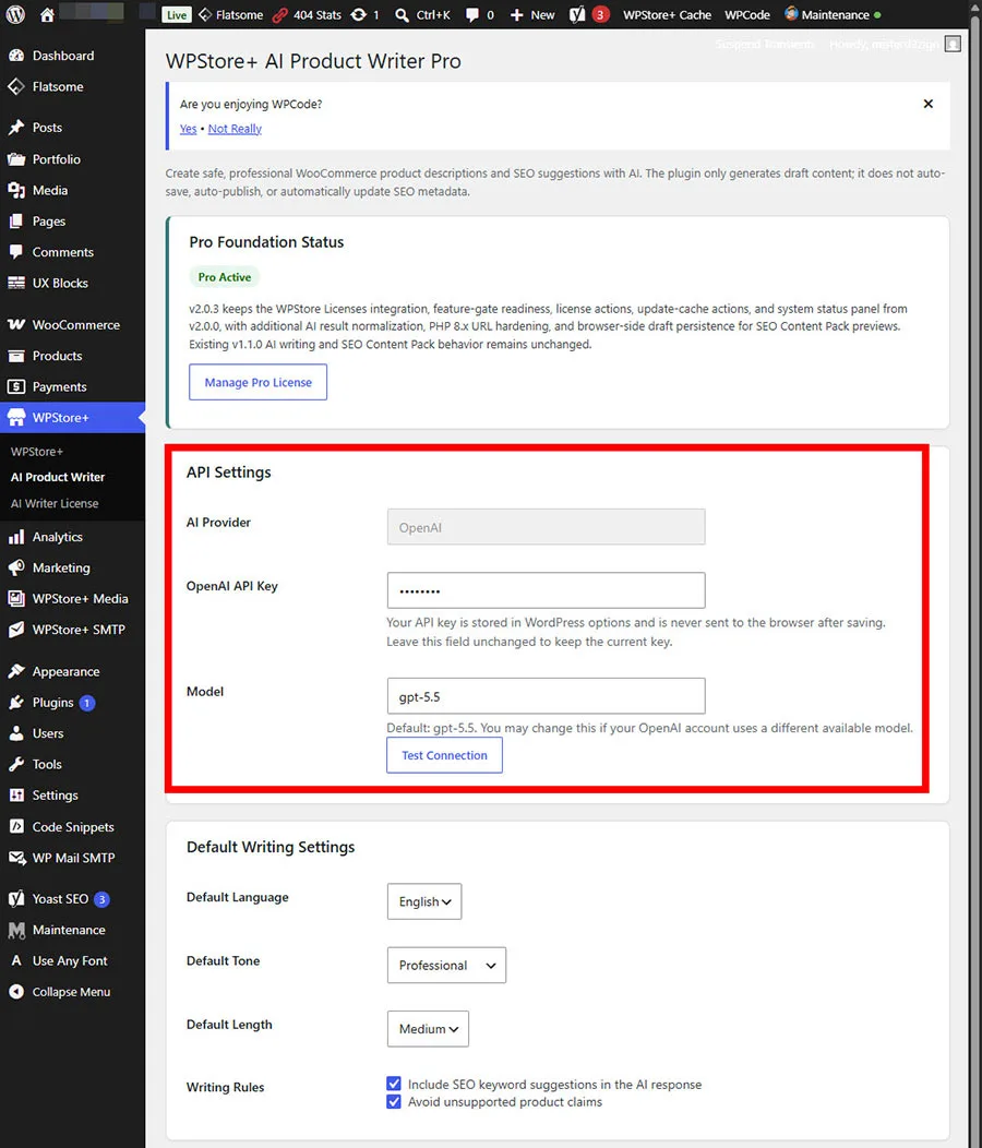 หน้าการตั้งค่า WPStore+ AI Product Writer สำหรับ OpenAI API และตัวเลือกการเขียนเริ่มต้น