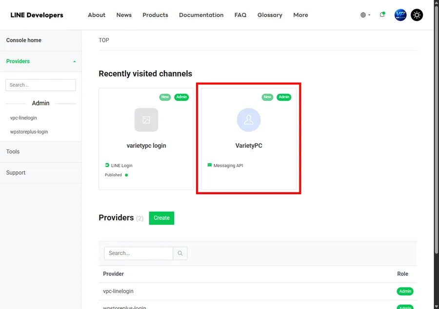 LINE Developers Console showing Messaging API channel for LINE Official Account.