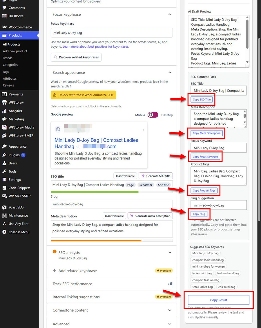 คัดลอกคำแนะนำด้าน SEO ที่สร้างโดย AI จากหน้าแก้ไขสินค้าใน WooCommerce