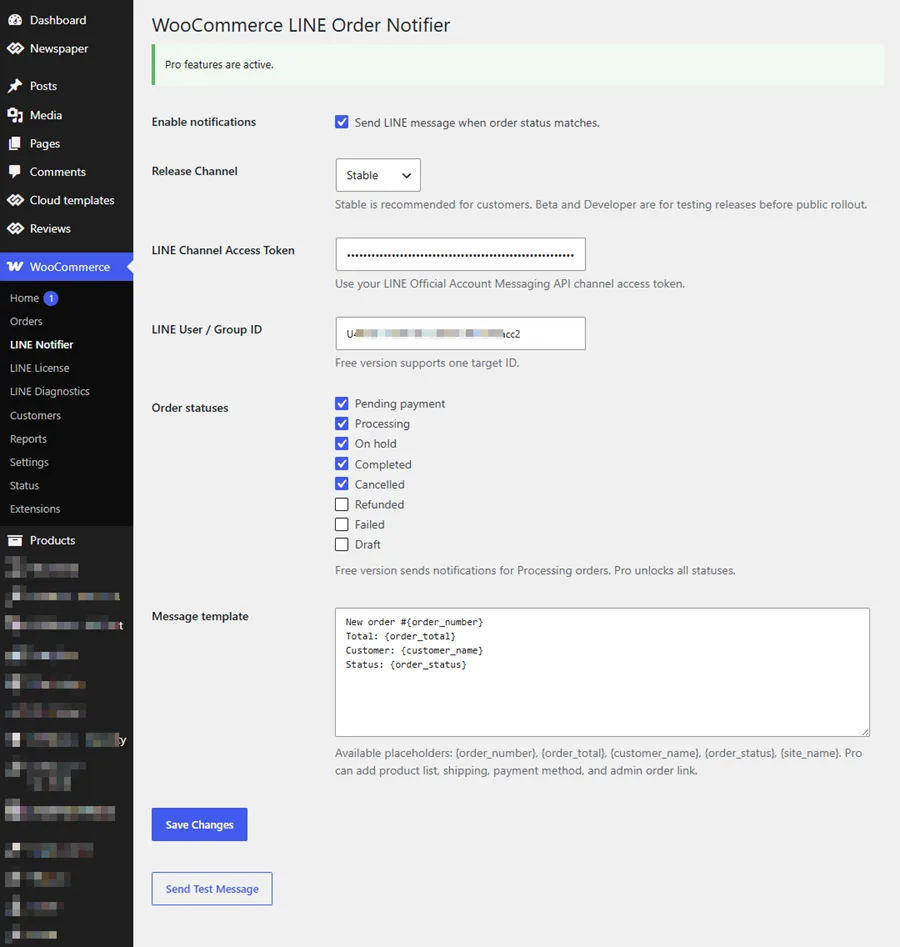 WooCommerce LINE Order Notifier plugin settings in WordPress dashboard.