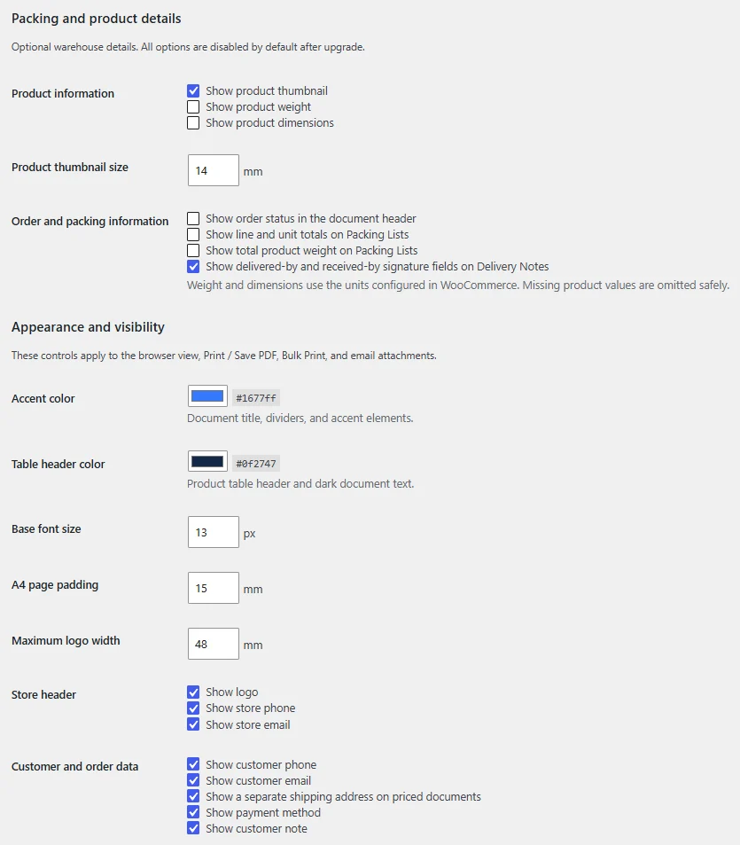 การตั้งค่ารูปแบบเอกสาร WooCommerce ที่สามารถปรับแต่งสี ขนาด รูปภาพสินค้า น้ำหนัก และรายละเอียดการบรรจุหีบห่อได้