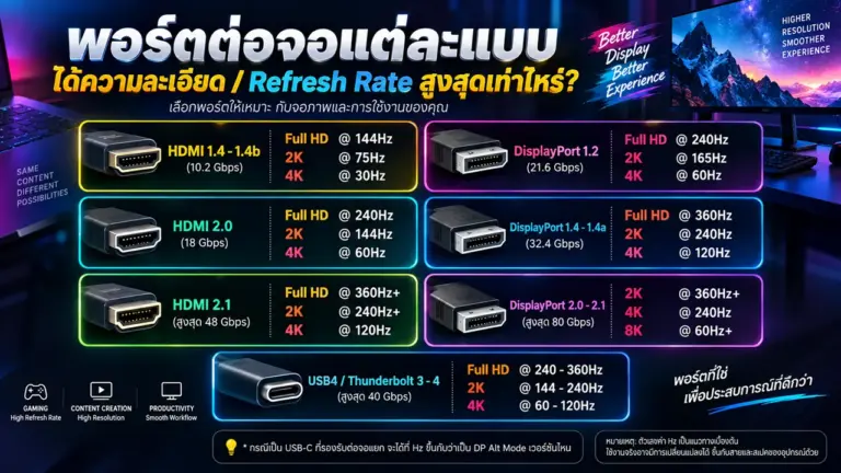 ภาพ พอร์ตต่อจอคอมพิวเตอร์ แบบ HDMI, DisplayPort และ USB-C แสดงข้อมูล Bandwidth ความละเอียดสูงสุด และ Refresh Rate ของแต่ละเวอร์ชัน ตั้งแต่ HDMI 1.4 ถึง 2.1 และ DP 1.2 ถึง 2.1 ในรูปแบบตารางข้อมูล