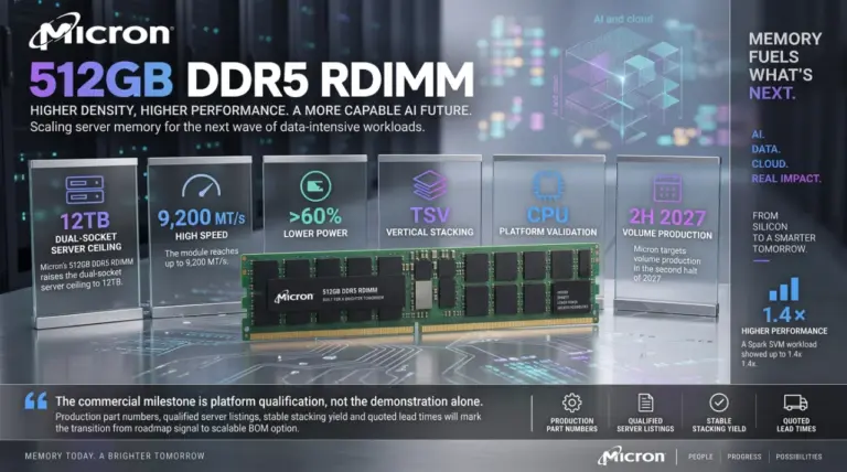 แรม DDR5 512GB รุ่น RDIMM จาก Micron แสดงคุณสมบัติเด่น ได้แก่ ความหนาแน่นและความเร็วที่สูงขึ้นเพื่อรองรับงาน AI และ Data-intensive โดยมีเป้าหมายการผลิตจำนวนมากในช่วงครึ่งหลังของปี 2027
