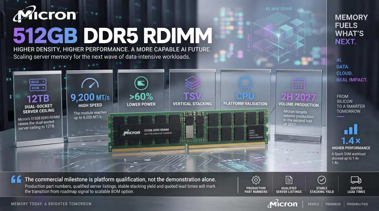 แรม DDR5 512GB รุ่น RDIMM จาก Micron แสดงคุณสมบัติเด่น ได้แก่ ความหนาแน่นและความเร็วที่สูงขึ้นเพื่อรองรับงาน AI และ Data-intensive โดยมีเป้าหมายการผลิตจำนวนมากในช่วงครึ่งหลังของปี 2027