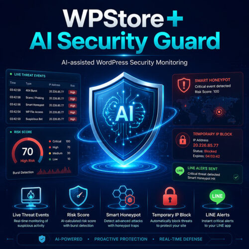 WPStore+ AI Security Guard แสดงระบบตรวจสอบความปลอดภัย WordPress ด้วย AI, คะแนนความเสี่ยง, การป้องกันแบบ Honeypot, การบล็อก IP และการแจ้งเตือนผ่าน LINE