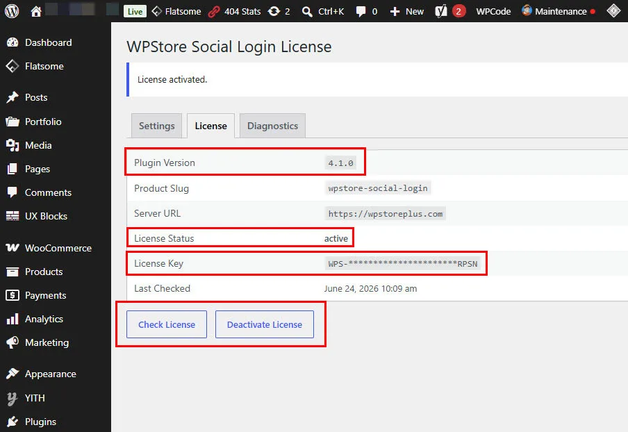 หน้าจอไลเซนส์ของ WPStore Social Login ที่แสดงสถานะการใช้งานไลเซนส์และเครื่องมือจัดการไลเซนส์
