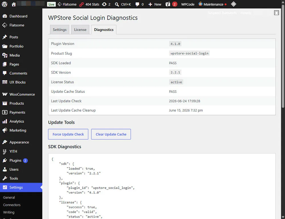 หน้าจอการวินิจฉัยของ WPStore Social Login แสดงเวอร์ชันของปลั๊กอิน สถานะ SDK สถานะไลเซนส์ และเครื่องมือสำหรับการอัปเดต